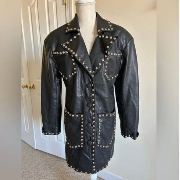 Colin LoCascio Anthropologie Studded Bernie Coat Vegan Leather Black size S - Picture 3 of 13